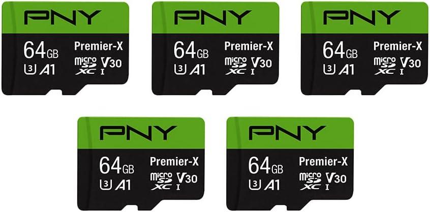 PNY 64GB Premier-X Class 10 U3 V30 microSDXC Flash Memory Card 5-Pack - 100MB/s, Class 10, U3, V30, A1, 4K UHD, Full HD, UHS-I, Micro SD