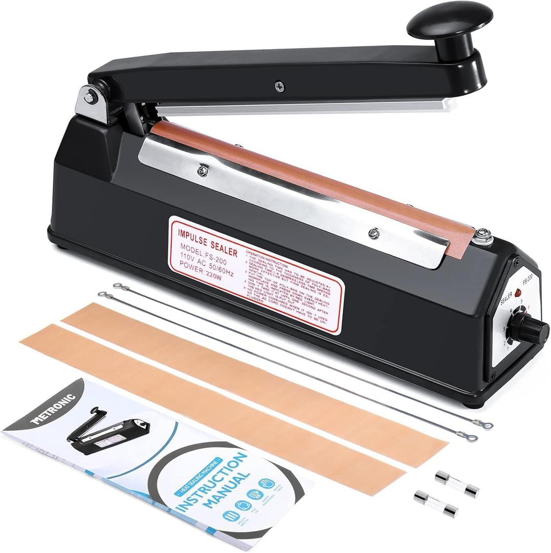 METRONIC 8 inch Bag Sealer, Black Impulse Heat Sealer for Plastic Bags, Poly Bag Sealing Machine with Repair Kit. Clean, Crisp and Fast Sealing Machine