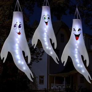 JOYIN 3 pcs Halloween Outdoor Decoration 47” Lighted White Ghost Windsock Hanging Decorations for Yard Tree Porch Halloween Outdoor Decoration