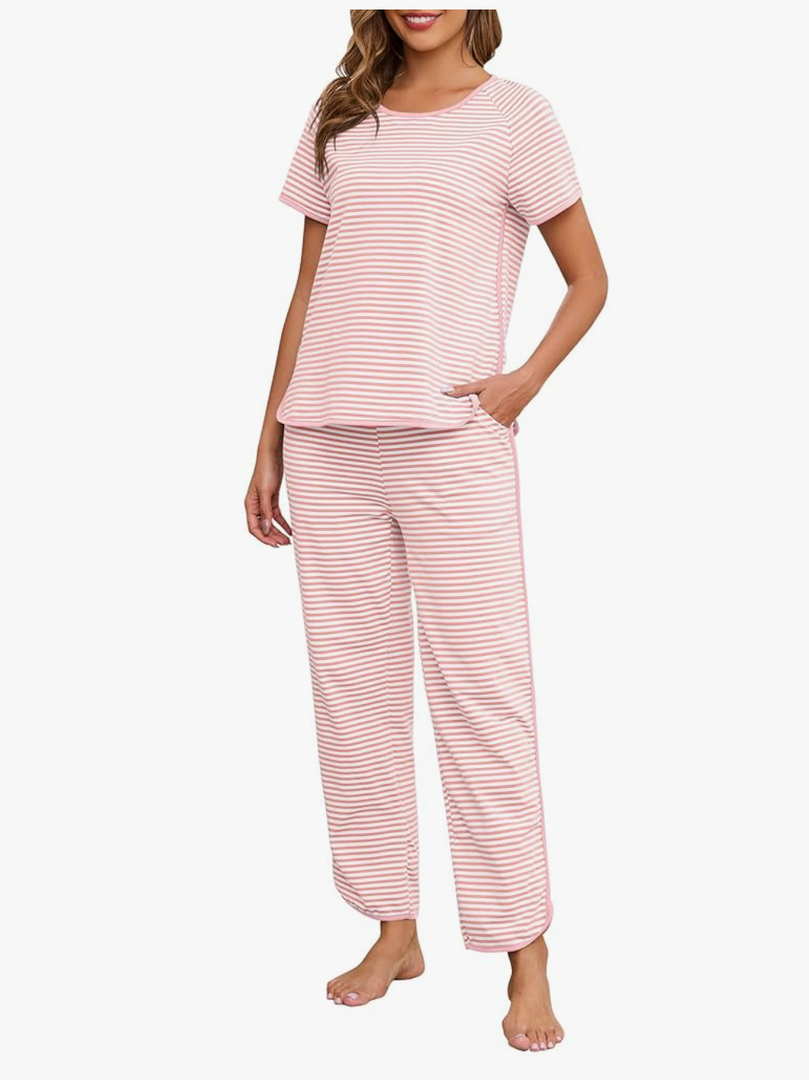 Womens Pajama Sets Cotton 2 Piece Lounge Set Stripe Short Sleeve Pj Set Comfy Loungewear Sleepwear with Pockets, Size Large