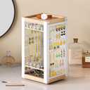 keomaisyto Earring Holder Organizer, 360 Rotating Jewelry Holder with Ring Tray/Necklace/Bracelet/Ring Hooks, White Earring stand with 4 Sides and 2 Wooden Trays for Jewelry Display (Upgraded)
