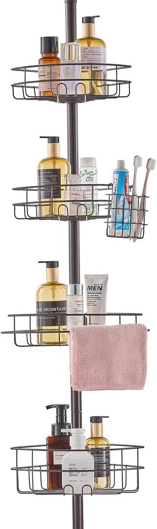 VEVOR Corner Shower Caddy Tension Pole, 4 Tier Adjustable Rustproof Organizer Shelves for Bathroom & Washroom, 42-114inch High, Bronze