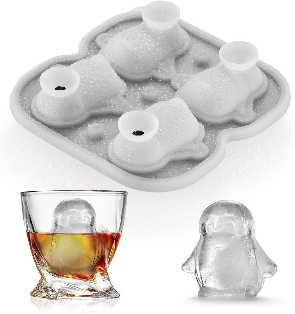 Penguins Ice Cube Tray Fun Shapes, Odd Novelty Cute Penguin Gifts, 2.2" Large Silicone Whiskey Ice Mold for Cocktails, Bourbon, Brandy, w/Funne