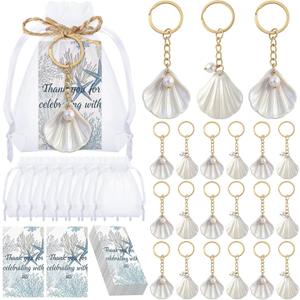 Equsion 24 Sets Seashell Keychain Beach Party Favor Last Toast on The Coast Party Bulk Gift Beach Shell Charm and Pearl Gift with Organza Bag for Nautical Wedding Baby Shower Bridal Shower (White)