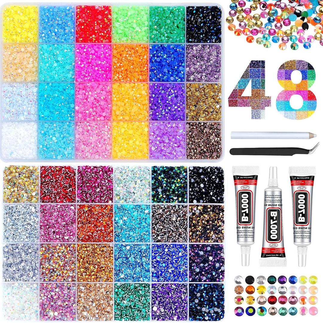 51000Pcs 48 Colors Bedazzler Kit with Rhinestones and Tools, 3mm Bling Bedazzle Gems for Crafting Flat Back Crystal Resin Jelly Rhinestones with 3pcs B7000 Glue for Book Clothes Shoes Decor