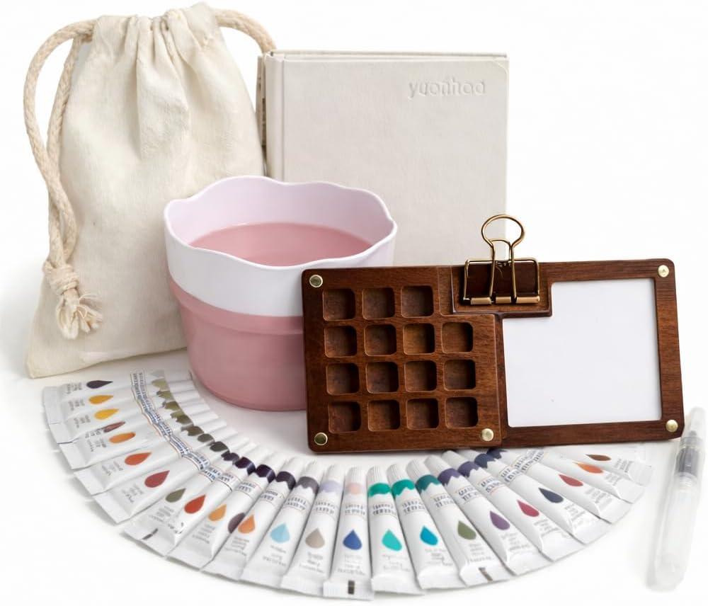 Mini Black Walnut Watercolor Travel Set: Portable Modular Kit with 24 Pro Colors, Canvas Tool Bag, 300gsm Sketchbook, Collapsible Cup & Brass Clip - Luxury Gift for Urban Sketching & Plein Air