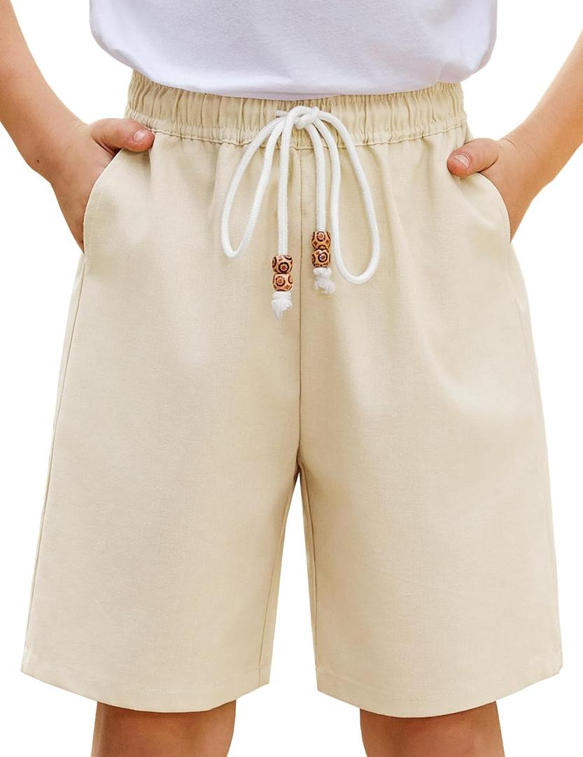 Arshiner Boys Cotton Linen Shorts Summer Beach Shorts Elastic Waist Drawstring Short with Pockets Size 6-18
