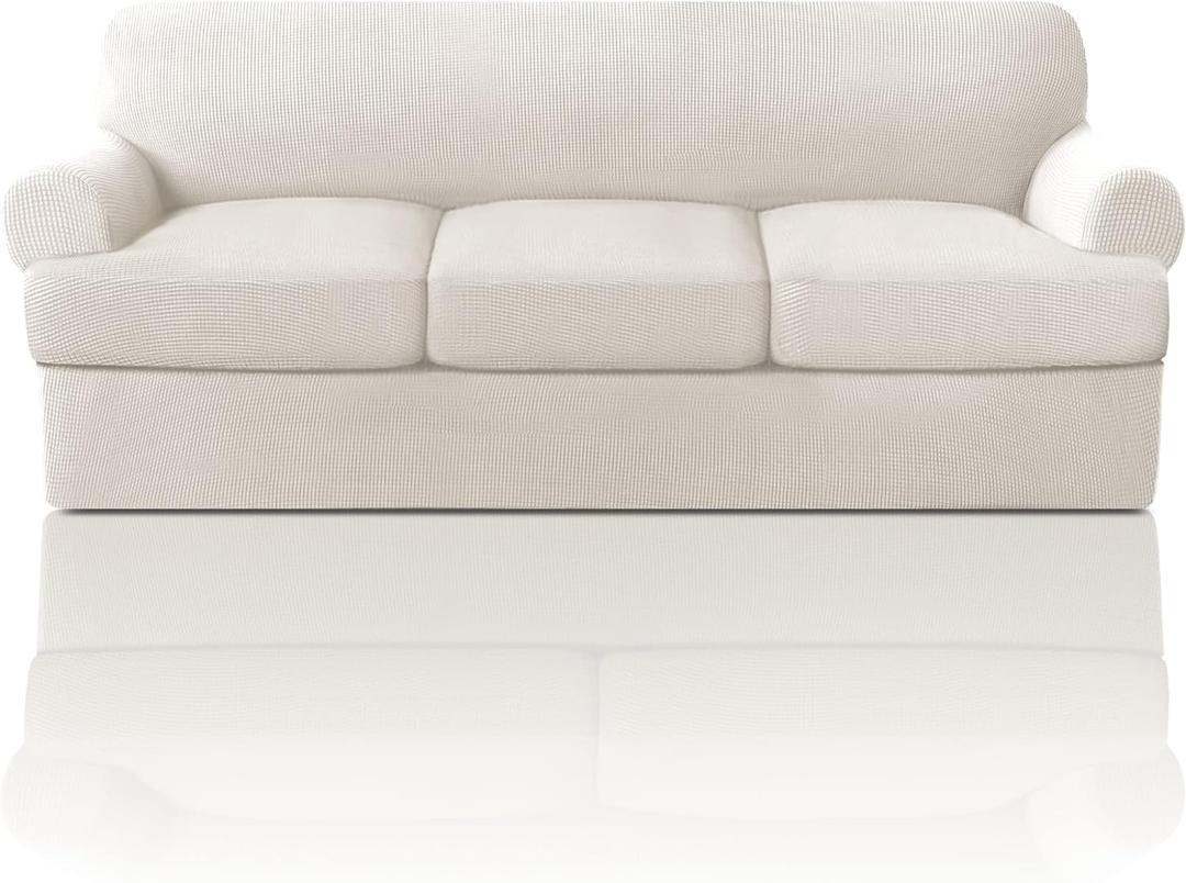 PrinceDeco T Cushion Sofa Slipcover 4 Pieces Sofa Covers for T Cushion Couch Soft Sofa Slip Covers Furniture Protector with 3 Individual T Shape Seat Covers (70"-88") Washable, Ivory