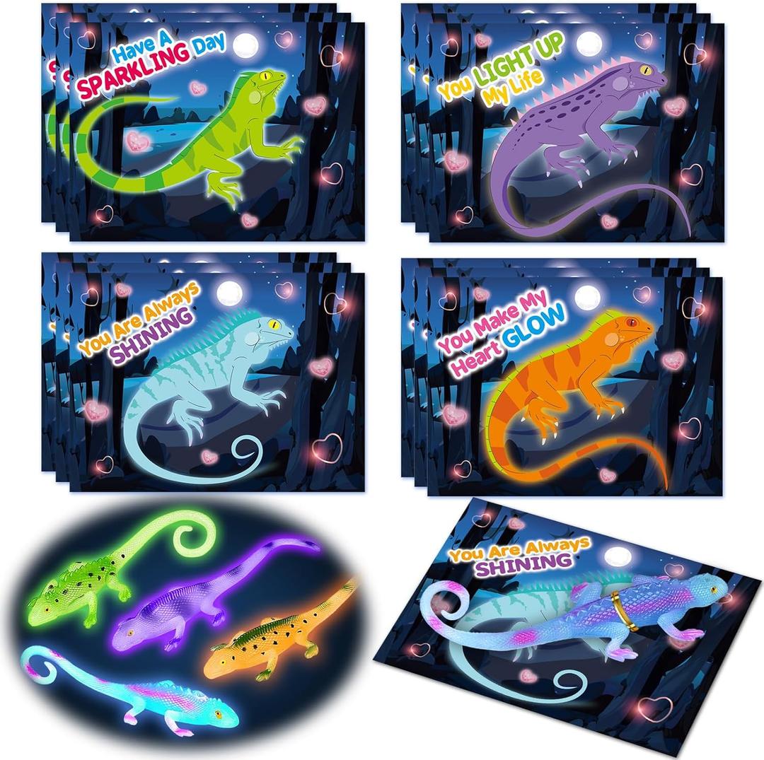 SpringFlower Valentines Day Cards for Kids School, 24 Pack Valentines Cards with Glow In The Dark Lizard, Valentine's Gifts Exchange for School, Valentines Party Favors Prizes for Kids Boys Girls