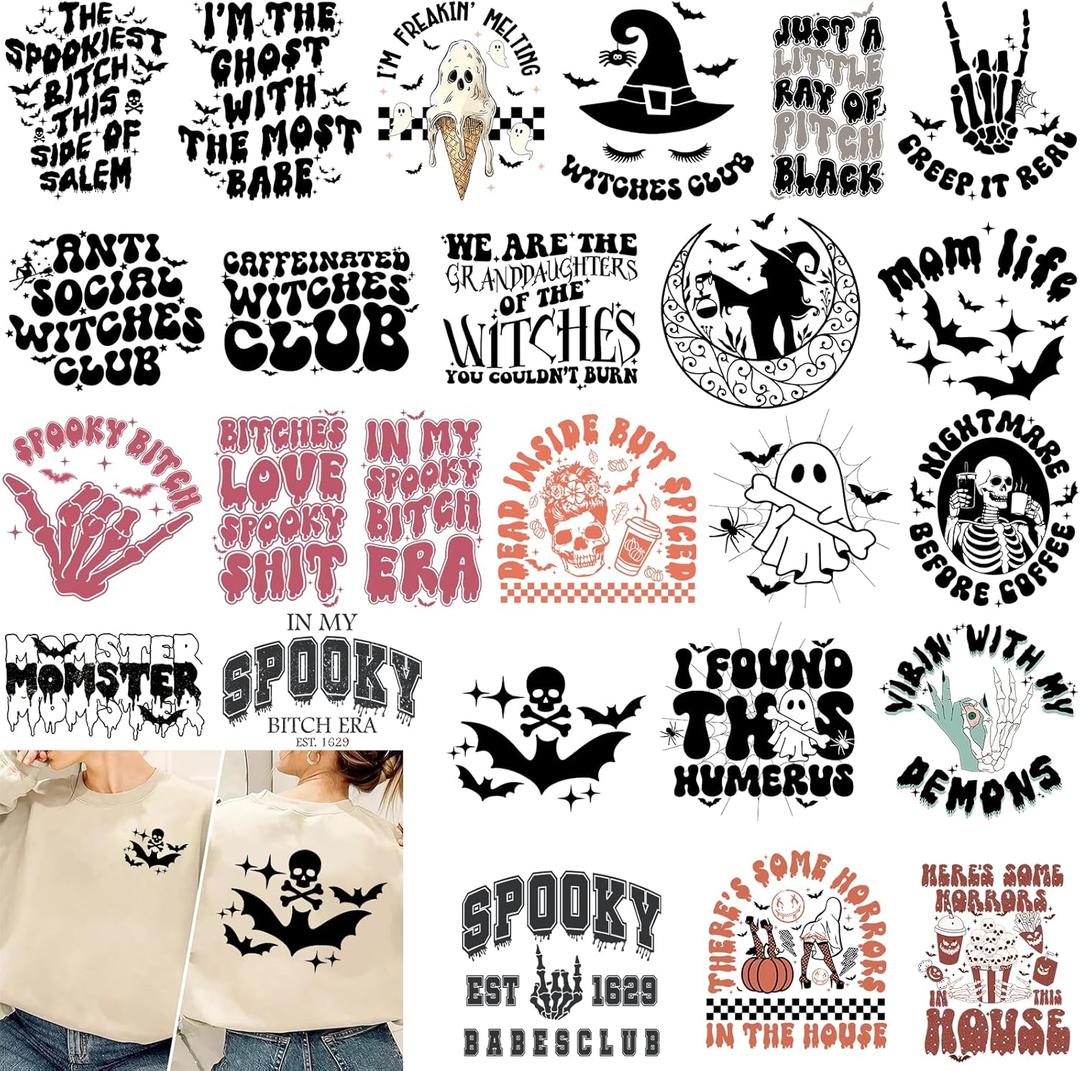 50 Pcs Spooky Ghost Heat Transfer Printing Stickers for Bags T-Shirts Skeleton Women Iron on Patches Momster Iron on Decals for Clothes DIY Crafts DTF Transfers Ready to Press