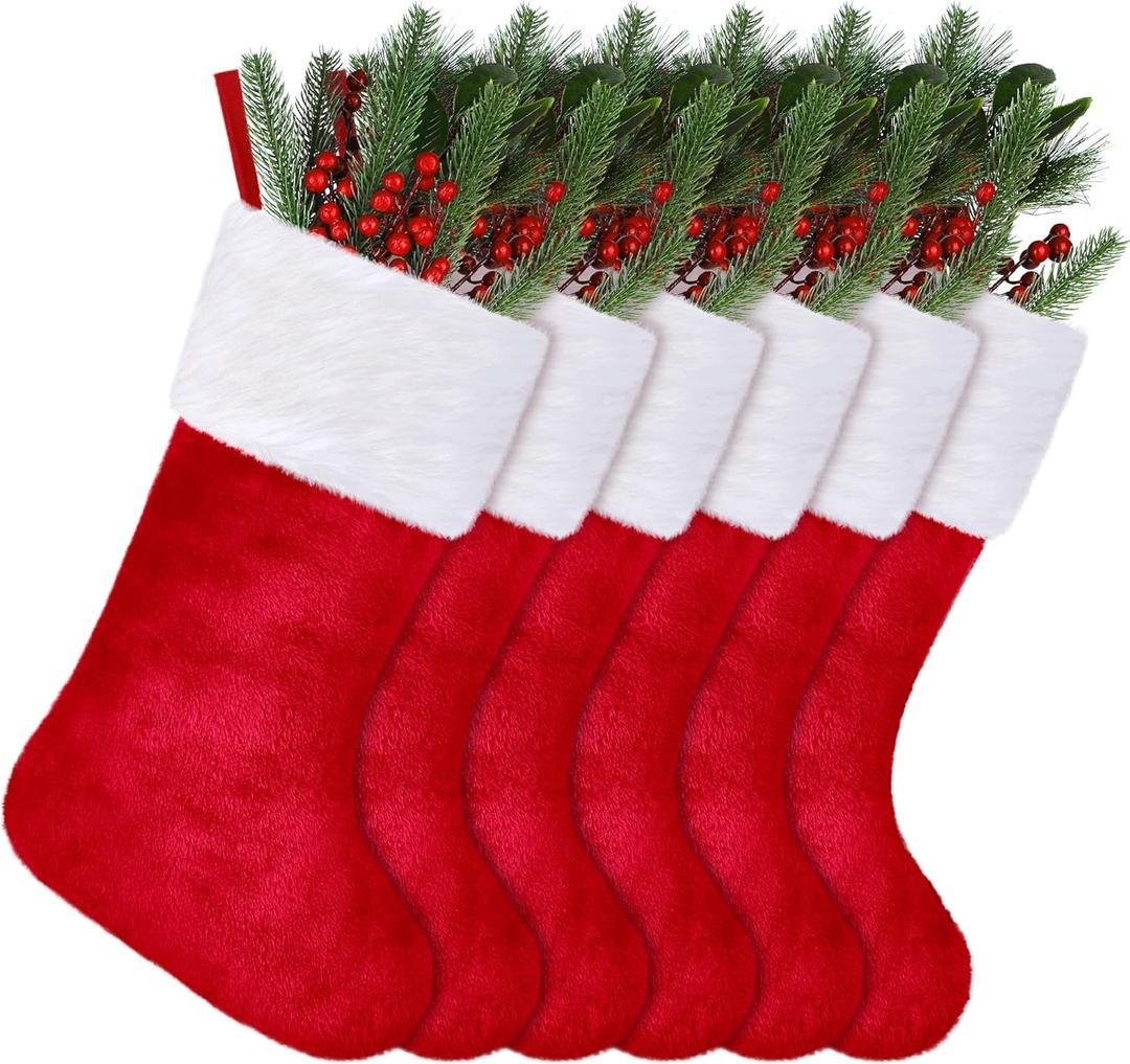 ANVAVO 6 Pack Christmas Stockings 18 Inch Soft Classic Red Plush Stockings Xmas Fireplace Hanging Stockings Fireplace Decorations Plush Fur Cuff Stockings for Holiday Xmas Party Decorations