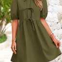 PRETTYGARDEN Womens 2025 Summer Casual Short Sleeve Dresses A Line Bow Tie Front Babydoll Loose Cute Mini Dress with Pockets (Green, S)