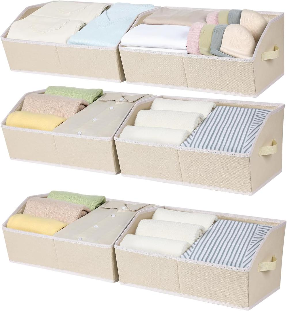 Closet Storage Bins, Large Trapezoid Storage Bins with Handles, Linen Closet Organizers and Storage for Clothes, Books (Beige) (6 Pack)