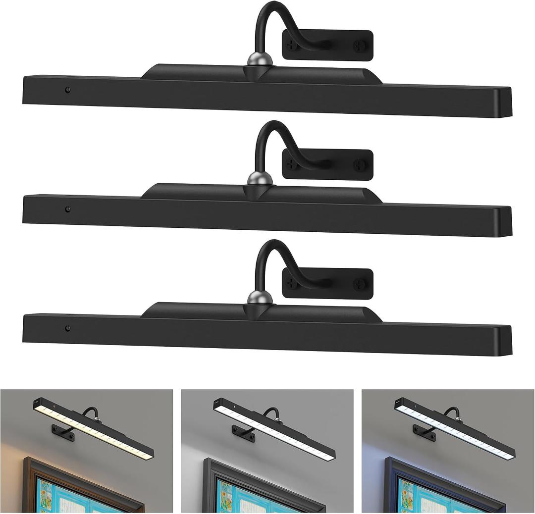 3Pack Picture Light Battery Operated, 16in Picture Light for Wall, 5000mAh Cordless Wall Lights with Controller,Art Light with Dimmable Cordless for Wall Painting,Frame, Portrait, Dartboard- Black