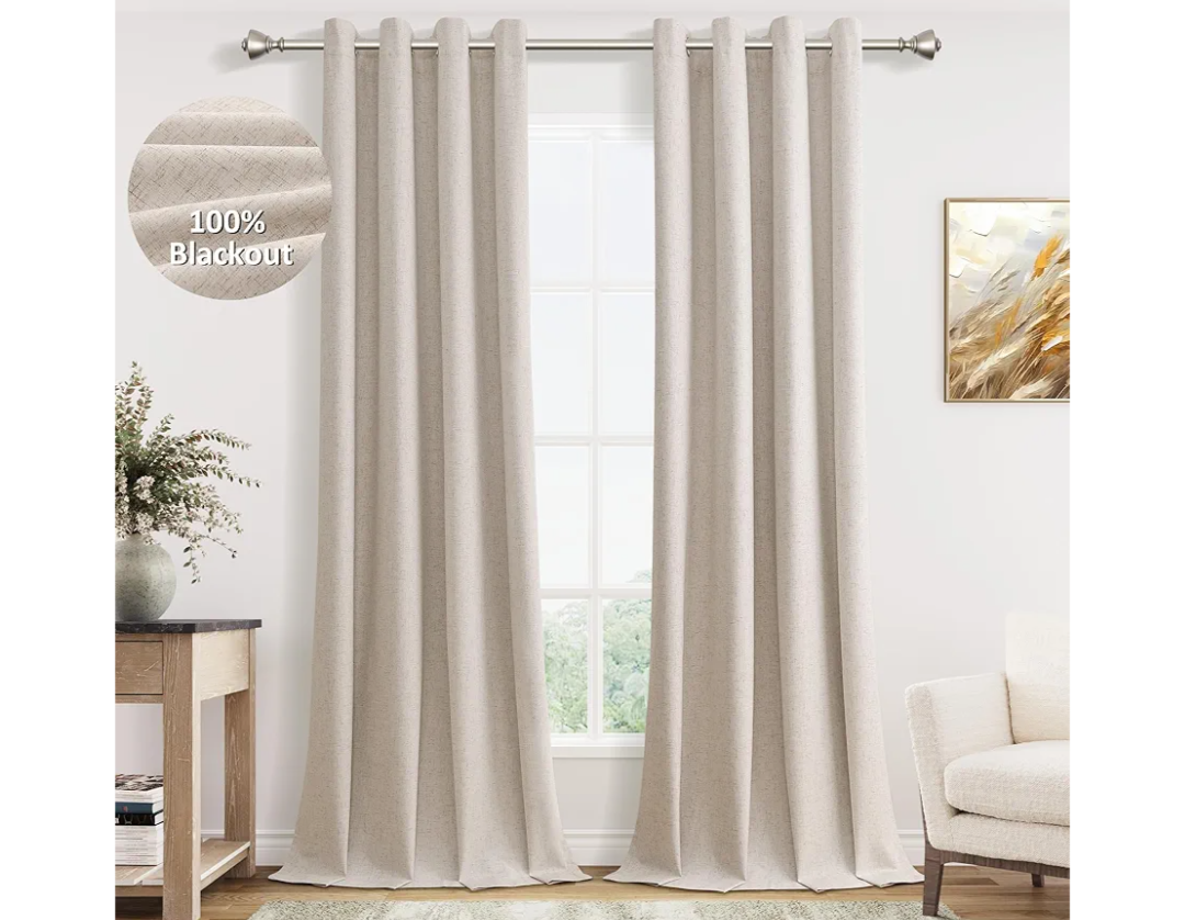 Oatmeal Linen Blackout Curtains 96 Length 2 Panels Set for Living Room Bedroom, 100% Black Out Thermal Insulated Linen Drapes, Room Darkening Grommet Curtains 96 Inches Long