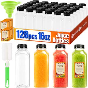 128 Pack 16 oz Reusable Plastic Juice Bottles,Clear Juice Bottles with Caps