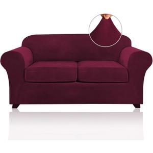 PrinceDeco Velvet Couch Cover Loveseat Covers for 2 Cushion Couch 3 Piece Sofa Covers for Dogs Washable Loveseat Covers Width Up to 72 Inch No Slip Stretch Sofa Slipcover(Medium, Burgundy)
