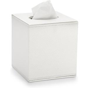 Sumnacon Tissue Box Cover Square Tissue Box Stylish PU Tissue Box Holder with Magnetic Bottom, Cube Leather Tissue Cover for Living Room Bathroom Table Desk Home Office Car, White