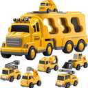 TEMI Construction Truck Toys Cars for Toddlers 3-5 - 7-in-1 Friction Powered Vehicle Toy 3 4 5 6 Year Old Boys, Carrier Transport Trucks Kids Years, Car Set Age 3-9 Boys and Girls