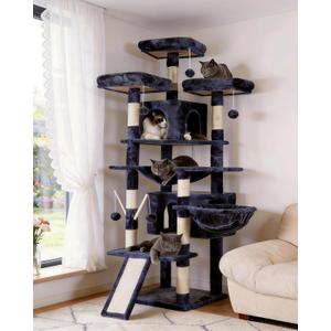 Hey-brother Cat Tree, 71 inches XL Large Cat Tower for Indoor Cats, Multi-Level Cat House with 3 Padded Perches, Big Scratcher, Cozy Basket, 2 Cat Condos and Scratching Posts, Smoky Gray MPJ034G