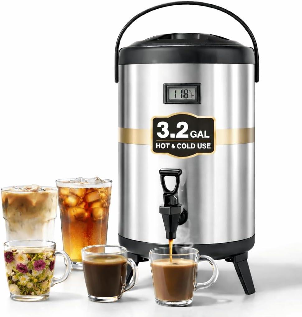 3.2 Gallon Insulated Beverage Dispenser, 12L Thermal Coffee and Drink Server with Spigot, Non-Electric Hot & Cold Drink Container for Juice, Tea, Milk, or Chocolate