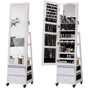 Jewelry Cabinet Standing Mirror with Drawers Wheels Full Length Mirror Jewelry Storage with Touch Screen Vanity Mirror Rotatable Jewelry Armoire Organizer with Lock White Christmas Gift for Women (63*16)