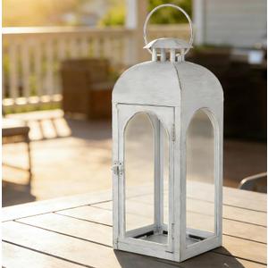 Decorative Candle Lantern 16Inches Outdoor Metal Lantern Hanging Candle Lantern for Indoor Outdoor Home Decor Patio Christmas Decorations, Greyish White