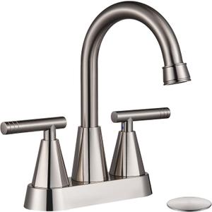 Cobbe 4 inch Brushed Nickel Bathroom Faucets with Pop up Drain and Two Supply Hoses, Lead-Free Stainless Steel 2 Handle Centerset Faucet for Vanity, RV