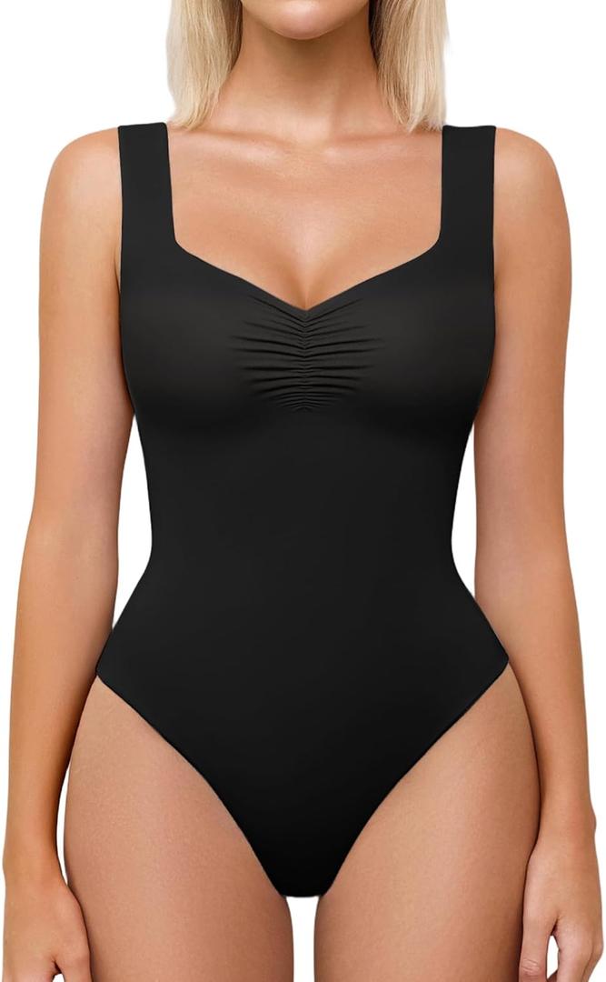 Avidlove Bodysuits for Women Sweetheart Neck Ruched Body Suit Seamless Double Lined Tank Top Slimming (Medium, Black)