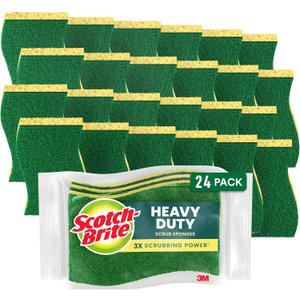 Scotch-Brite Heavy Duty Scrub Sponge, 24 Kitchen Sponges Designed for Tough Messes in the Kitchen that Last 3X Longer*, Best for Cast Iron Skillets and Outdoor Grills, Flexible, Durable, and Strong