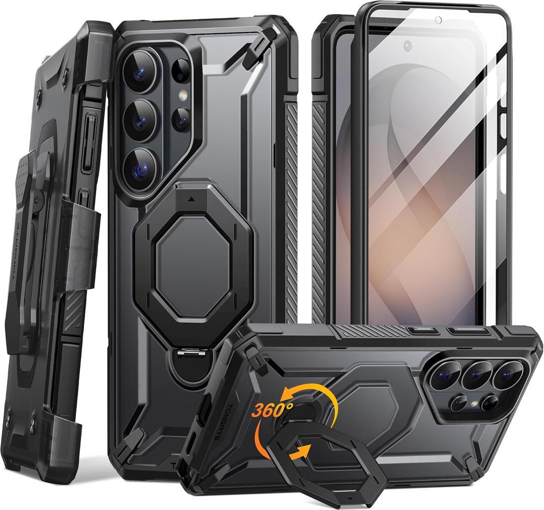 TONGATE for Samsung Galaxy S26 Ultra Case with 360 Spin Magnetic Stand, Compatible with MagSafe, Built-in Screen Protector & Belt Clip, Non-Slip Military Grade Protection Case for S26 Ultra, Black