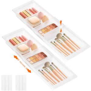 Lifewit 2 Pack Sliding Makeup Drawer Organizer Trays with Inserts, Extendable Hanging Desk Drawer Divider, Fits 13-20" Deep Drawers for Vanity, Office, Kitchen, Translucent