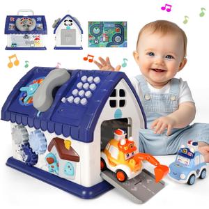 Boys Toys 1 Year Old, 8 in 1 Sensory Toys for Toddlers 1-3, Early Educational Learning Toy for 12-18 Months with Music/Lights/Sound/Clock/Car and Map/Telephone (Blue)