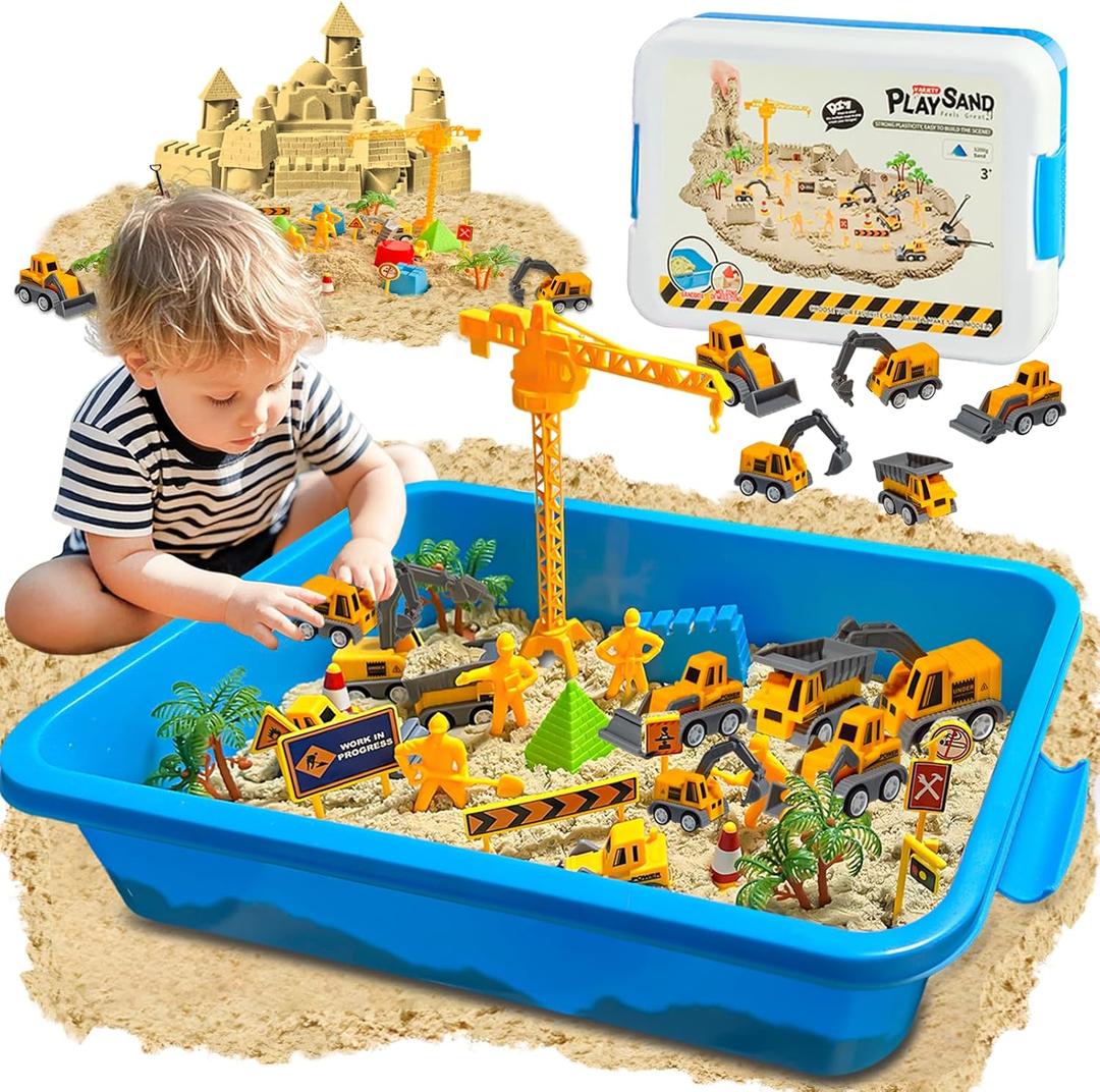 Construction Sensory Bin with Lid, 2.2lbs Magic Sand & 5 Construction Trucks, Sensory Sand Kit Construction Toys for 3 4 5 6 7 8+ Year Old Boys Toddlers Christmas Birthday Gift
