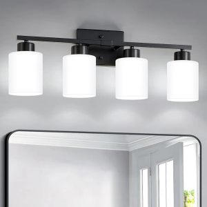 Black Bathroom Light Fixtures, 4-Light Modern Vanity Light Over Mirror, Wall Sconces with Milky White Frosted Glass Shades, E26 Socket (Bulbs Not Included)