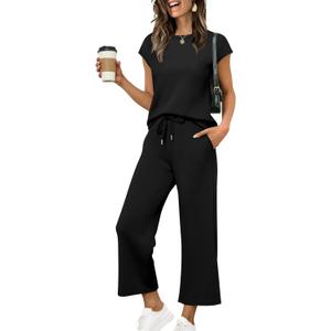 Sampeel Two Piece Sets for Women Summer Vacation Outfits Cap Sleeve Tops Lounge Matching Sets Clothing Beach Fashion Clothes (Large, Black)