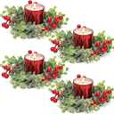 Red Berry Xmas Candle Rings Wreaths with Candle Holders - 4 Pcs, Christmas Centerpieces for Table, Home Decor