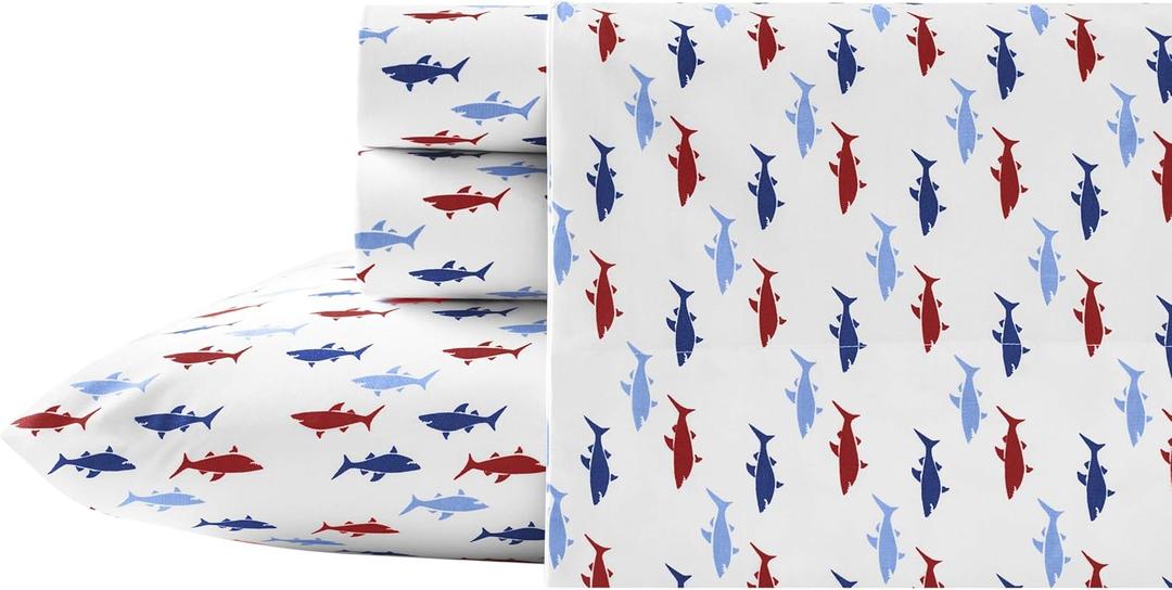 Nautica - Twin Sheets, Cotton Percale Bedding Set, Fully Elasticized, Ideal Dorm Essentials(Costazul Blue/Red, Twin)