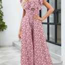 Gardenwed Women's Floral Wide Leg Jumpsuit, Ruffle Short Sleeve Square Neck Summer Casual Palazzo Romper with Pockets (S)