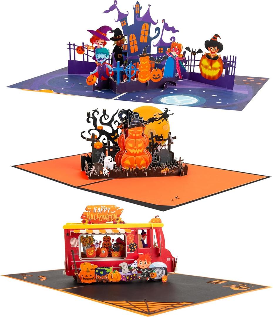 Magic Ants Halloween Pop Up Cards 3 Pack  Haunted House, Pumpkin Graveyard, and Food Truck  3D Greeting Cards with Envelopes and Notecards for Kids, Adults, Halloween Birthday & Trick or Treat Gift