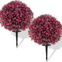 Artificial Boxwood Topiary Balls  Set of 2 UV-Resistant 23" Rose-Colored Faux Shrubs with Ground Spikes, Faux Evergreen Decorative Plants for Outdoor Indoor Porch Patio Garden
