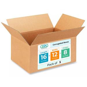 Medium Shipping & Moving Boxes 16 x 12 x 8 inches (5-Pack) - Extra Strength 200 lb vs Regular - USA-Made Corrugated Packing Boxes for Moving - Cardboard Packing Box for USPS, FedEx by IDL Packaging
