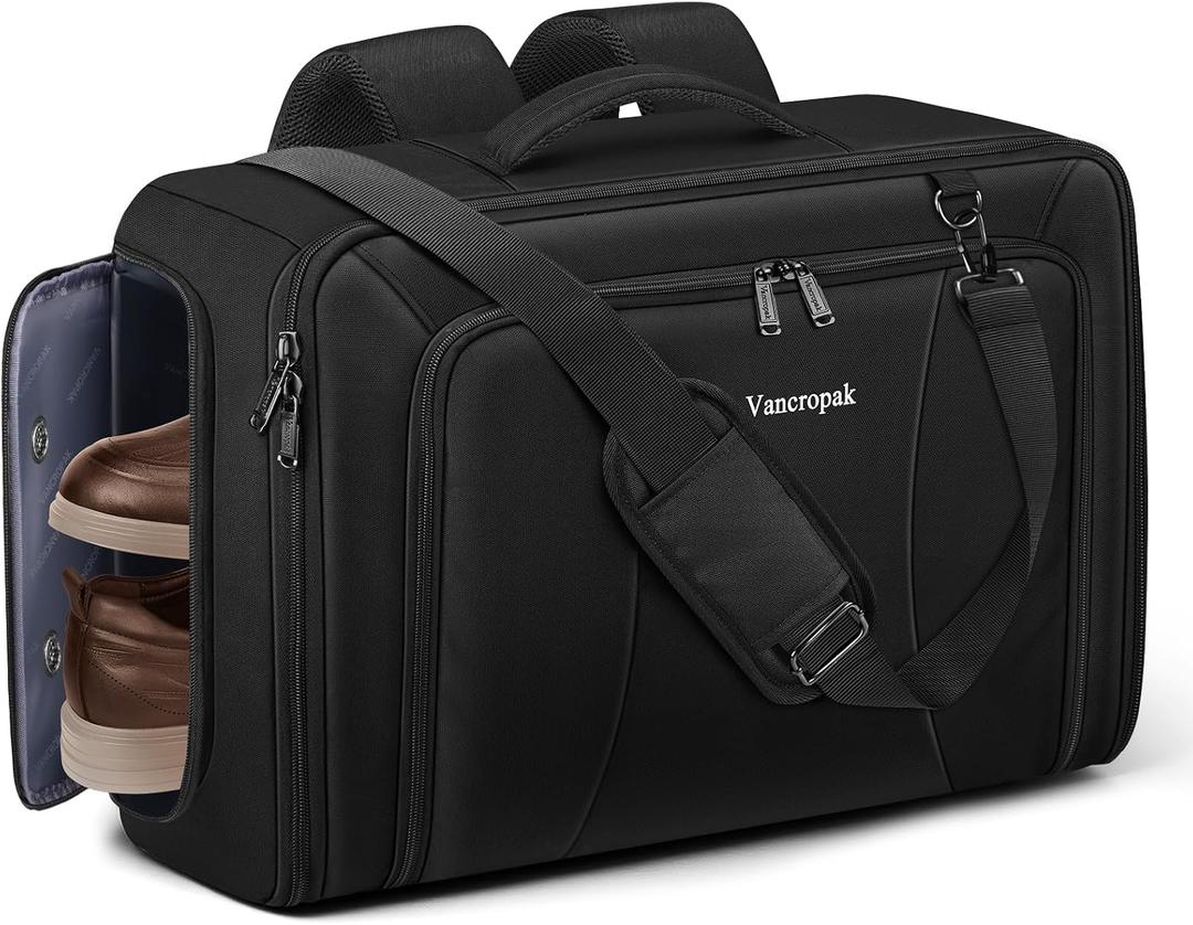 Vancropak Convertible Carry on Garment Bag with Backpack Straps, Airline Approved Travel Garment Duffel Bag with Shoe Compartment, Wrinkle Free Suit Carrier Business Suitcase For 15.6" Laptop, Black