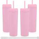 Volhoply 16oz Plastic Skinny Tumbler With Lid and Straw Bulk 4 Pack,Insulated Double Wall BPA Free Matte Acrylic Tumblers,Iced Coffee Travel Mug Reusable Party Cup,Customizable Diy Gifts(Pink,4 Set)