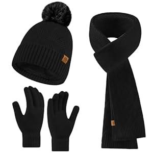 Leuceiy Winter Hats Scarf Gloves for women men, Winter Clothes Knitted Fleece Lined Beanie Thermal Gloves Long Scarf for Cold Weather (Black)