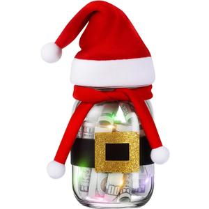 Chengu Christmas Cash Gifts Money Holder, Glass Xmas Mason Jars with Santa Hat, Scarf and Belt, Light up Celebration Table Decorations DIY Holiday Money Gift for Teen Women Men Mom Dad
