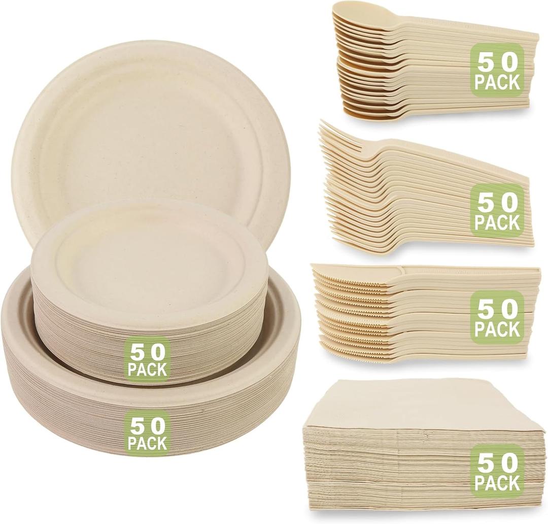 300 Piece (50 Sets) Biodegradable Paper Plates Set Disposable Heavy-Duty Eco Friendly Dinnerware Set,Include Plates,Forks,Knives,Spoons,Napkins for Birthday Camping Party