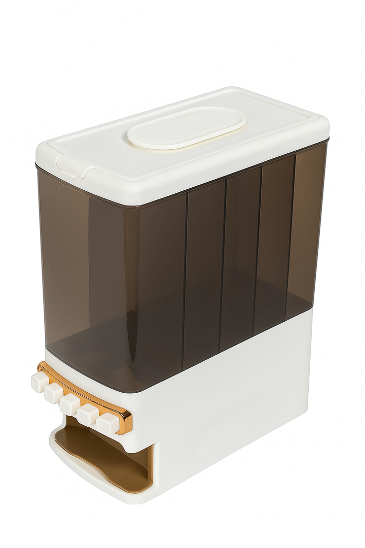 Grain Storage Bin Cereal Dispenser, 5-Grid Compartment Size Grain Dispenser, 5 in 1 Clear Rice Dispenser w/Hopper, 27lb Grain Storage Container, Sealed Granular Dry,7.5kg