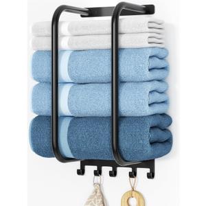 Towel Rack Bathroom Wall Holder: 15.9 Inch Wall Mounted Shower Organizer, for Rolled Towel Storage, 2 Metal Racks Plus Extra 5 Hooks, for Modern Small Space Bathroom, RV Campers (Matte Black)
