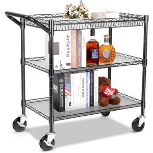 YNN Black Utility Rolling Cart,990Lbs 3 Tier Heavy Duty Metal Cart with Wheels & Handle NSF Wheeled Cart 31" D x 18" W x 33" H for Bedroom, Bathroom, Kitchen,Garden,Decor,Serving
